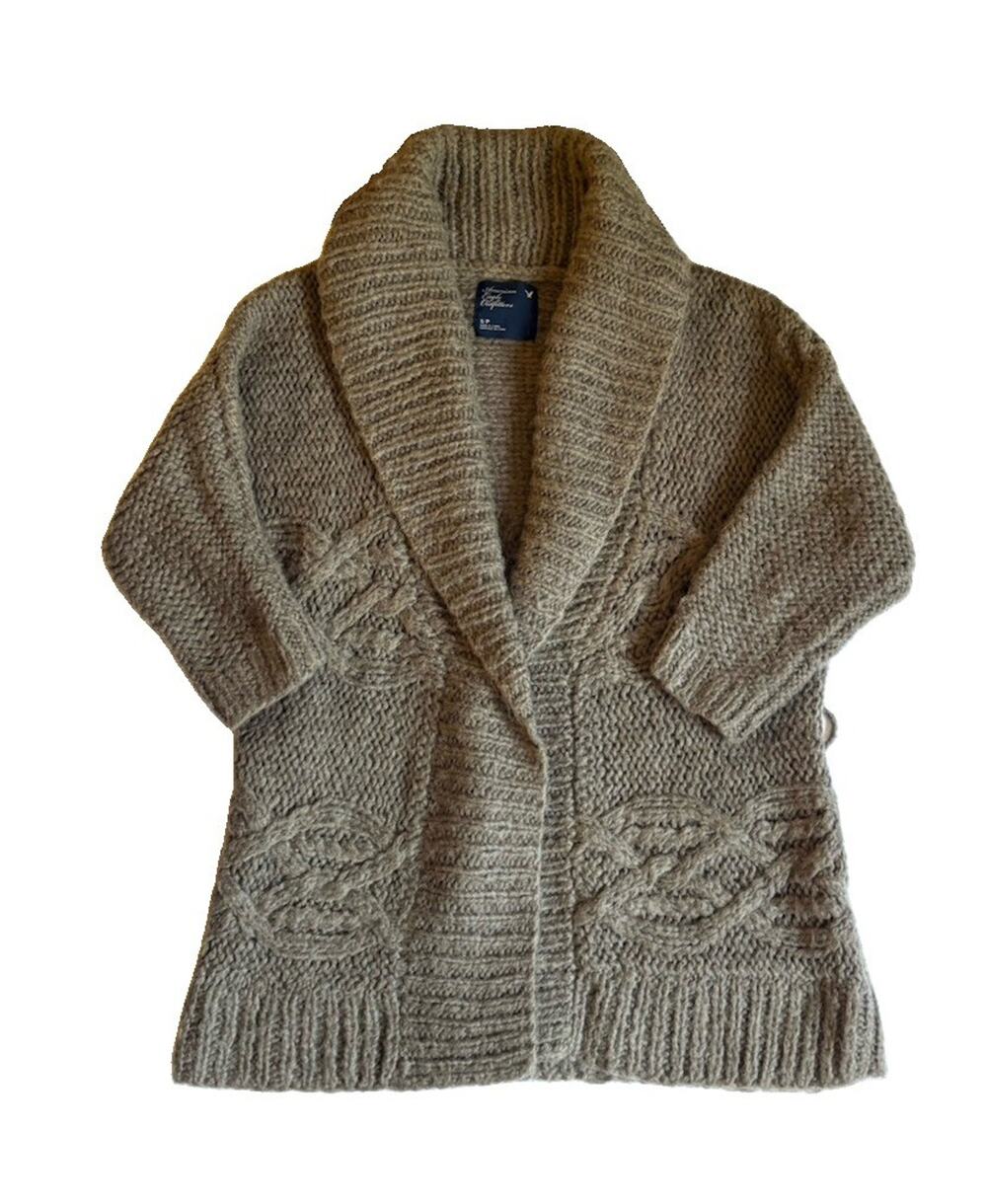 American Eagle Wool Mohair Chunky Cable Knit Shawl Cardigan Sweater S Cabincore